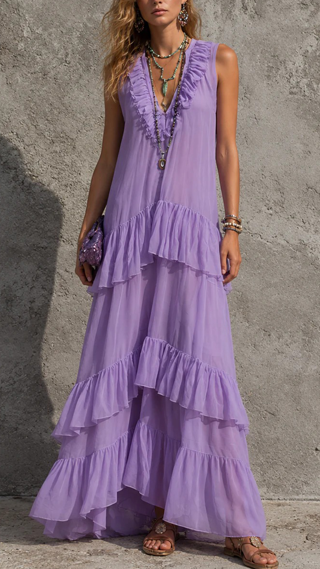 Women'S V-Neck Sleeveless Ruffle Dress