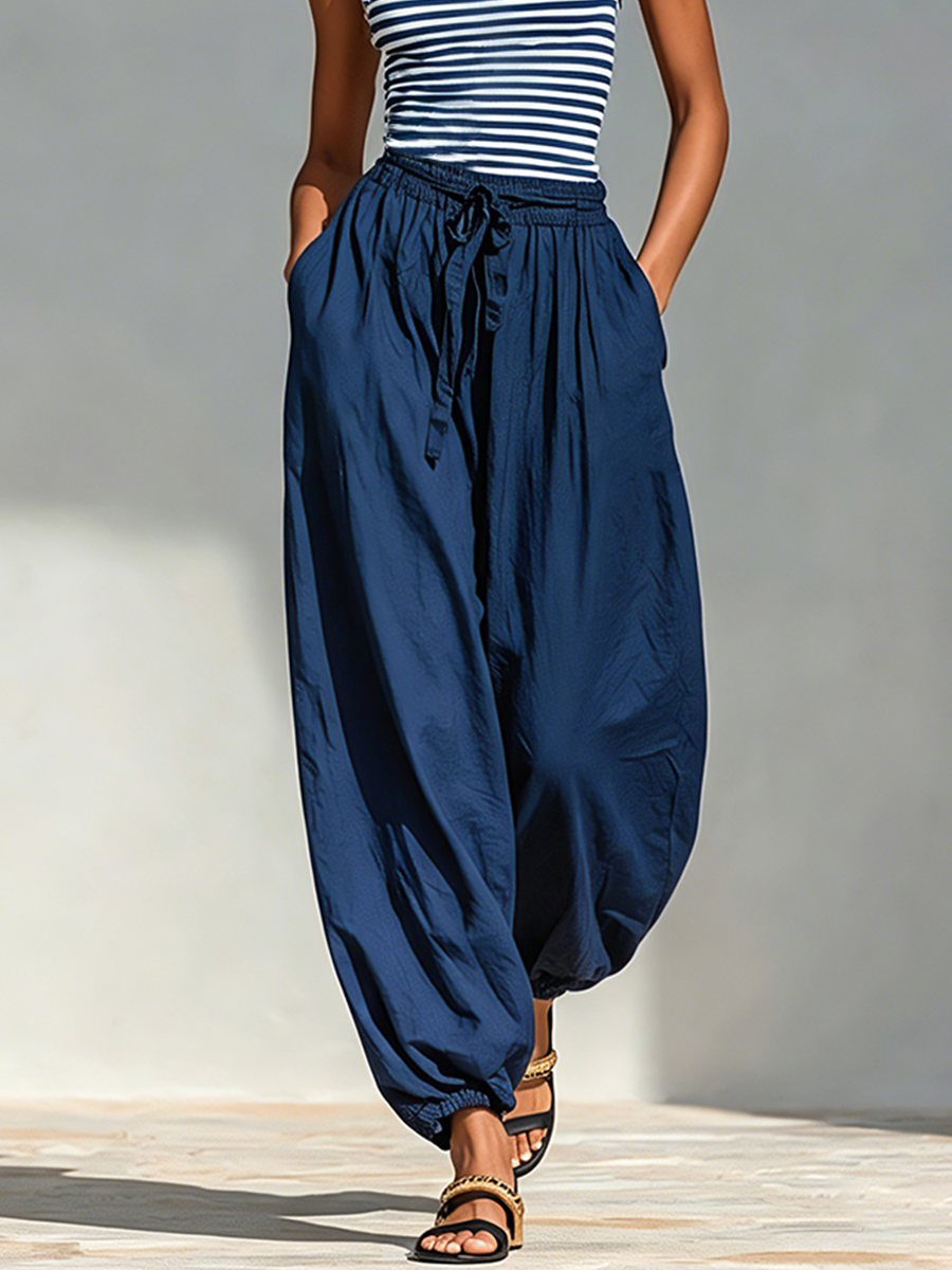  Striped Cotton-Blend Two-Piece Set With Square Neck Sling Top & Drawstring Harem Jogger Pants, 