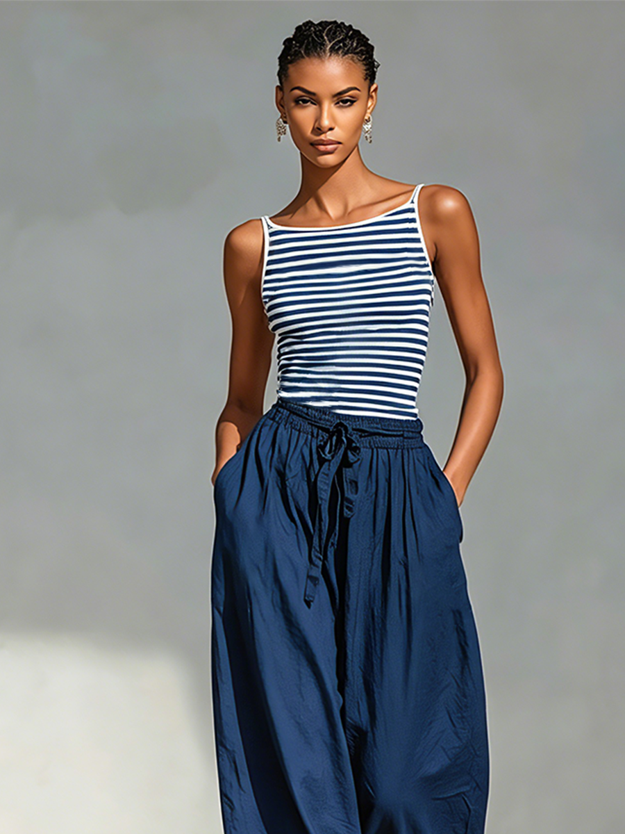  Striped Cotton-Blend Two-Piece Set With Square Neck Sling Top & Drawstring Harem Jogger Pants, 