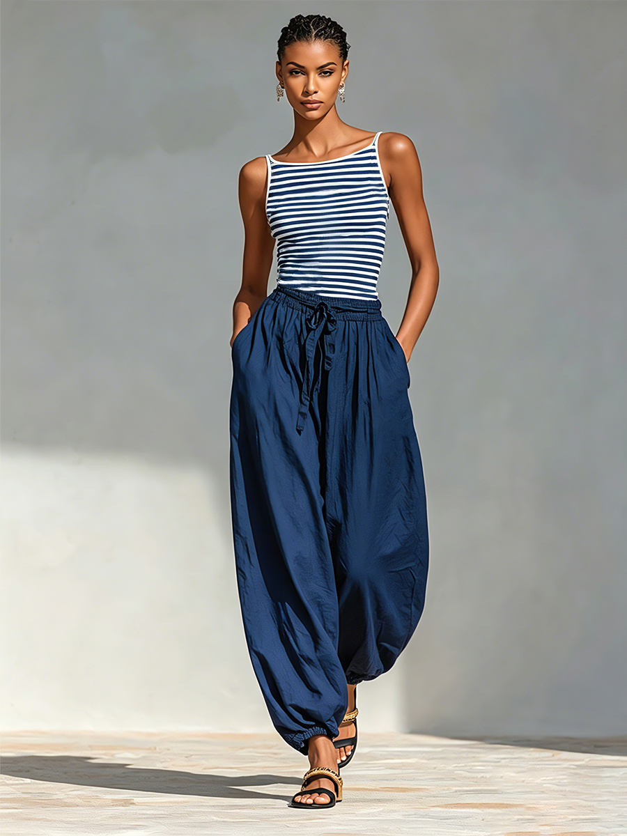  Striped Cotton-Blend Two-Piece Set With Square Neck Sling Top & Drawstring Harem Jogger Pants, 