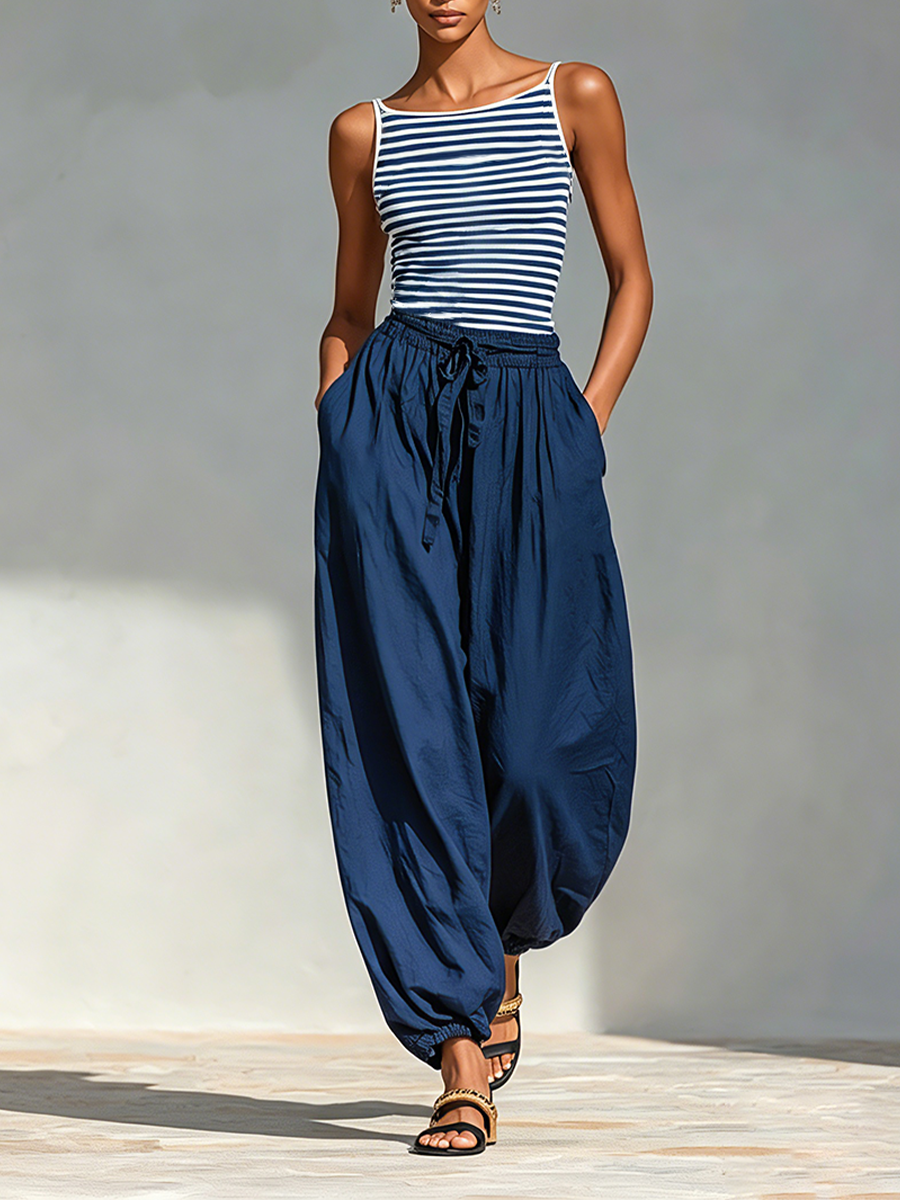  Striped Cotton-Blend Two-Piece Set With Square Neck Sling Top & Drawstring Harem Jogger Pants, 