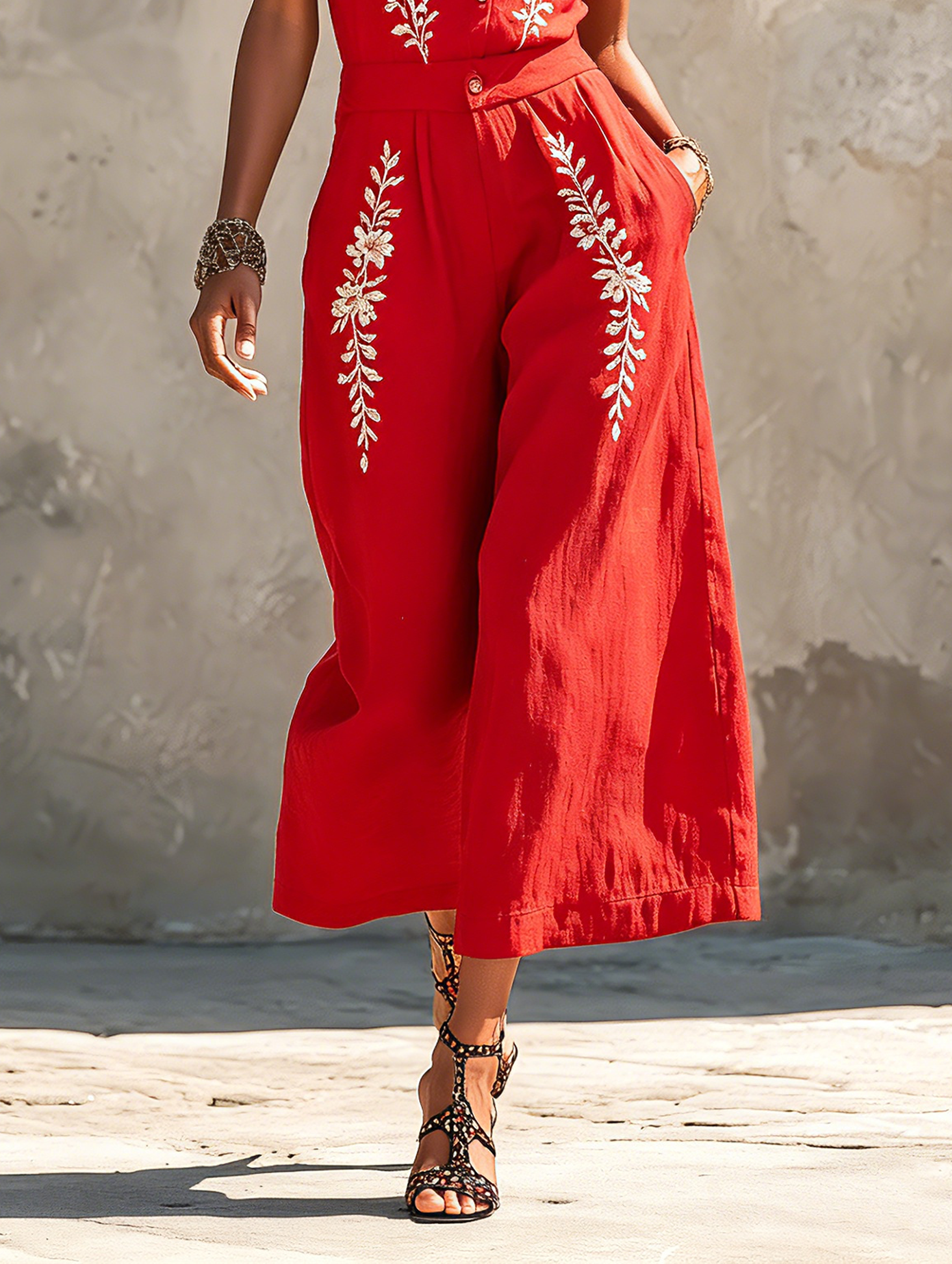 Women's Minimalist Linen-Blend Embroidered Sleeveless Stand-Collar Wide-Leg Jumpsuit