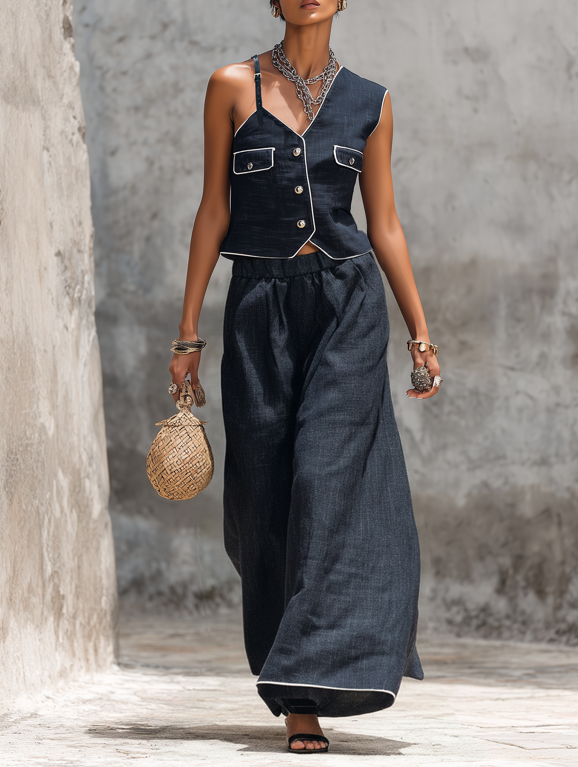 Women's Minimalist Linen-Blend Asymmetric-Neck Single-Breasted Vest And Wide-Leg Trousers Set