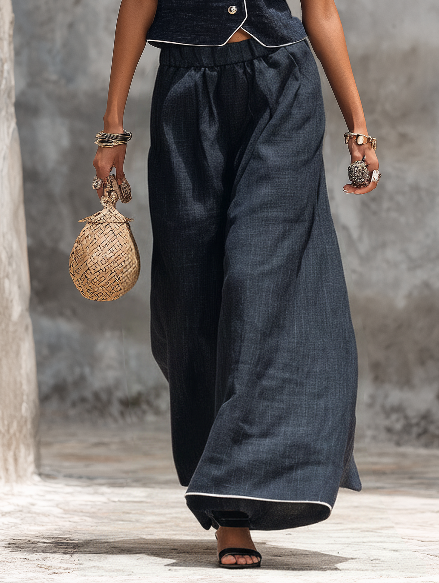 Women's Minimalist Linen-Blend Asymmetric-Neck Single-Breasted Vest And Wide-Leg Trousers Set