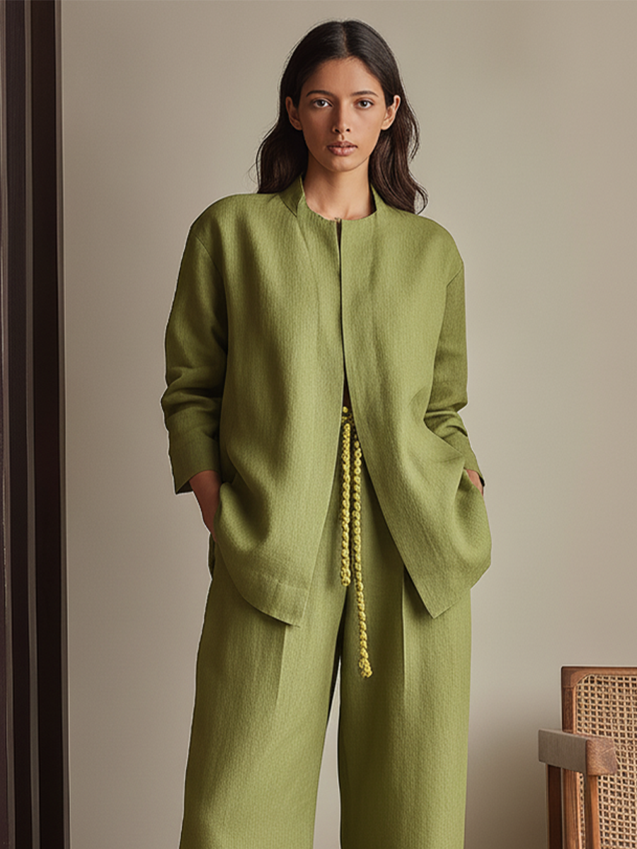 Women's Olive Green Linen-Blend Two-Piece Set With Open Front Stand Collar Jacket & Drawstring Waist Wide Leg Pants, Minimalist Casual Loungewear Outfit (without Belt)