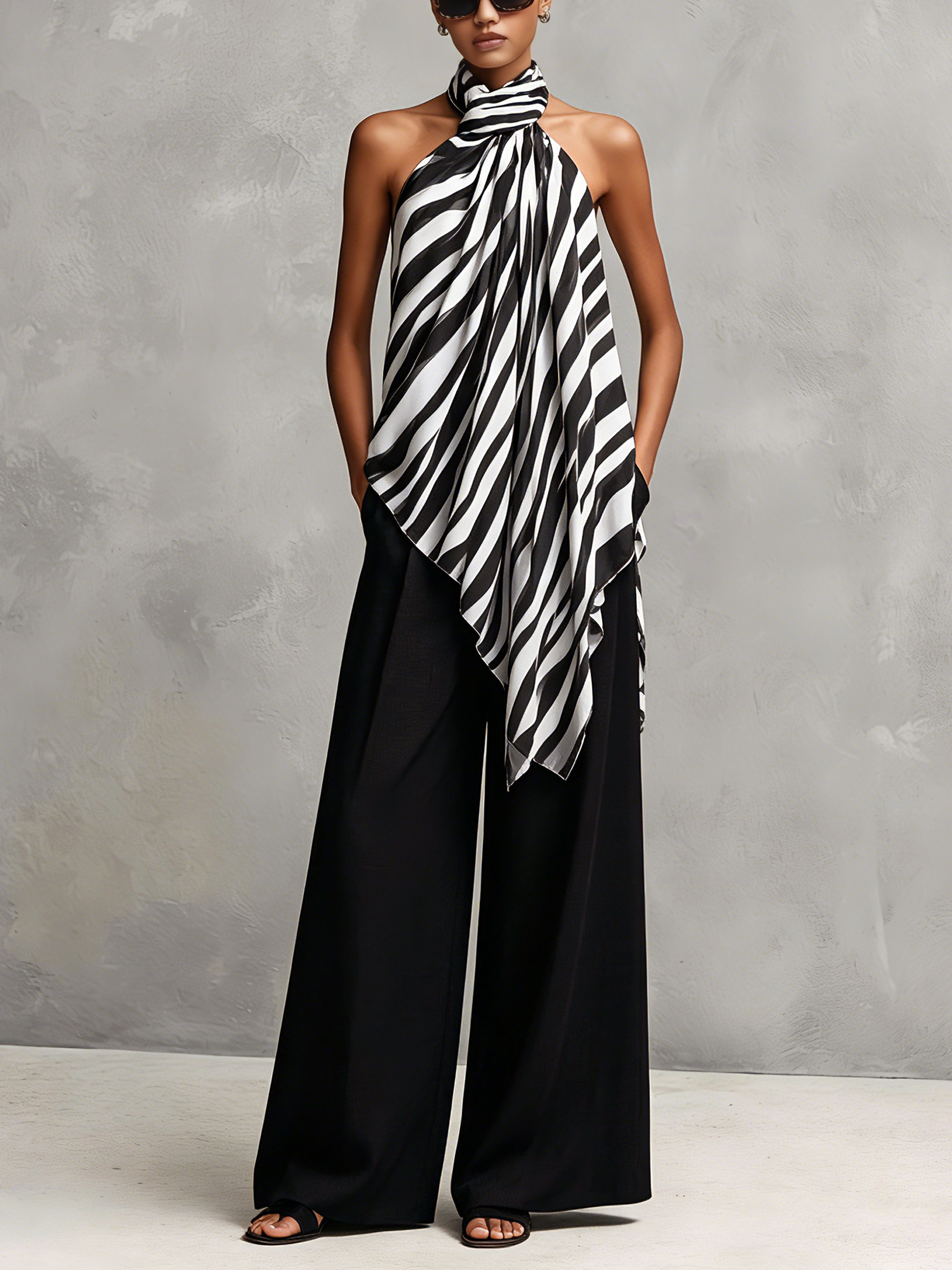 Women's Casual Sleeveless Chiffon Top With Black And White Print, Paired With Woven Trousers