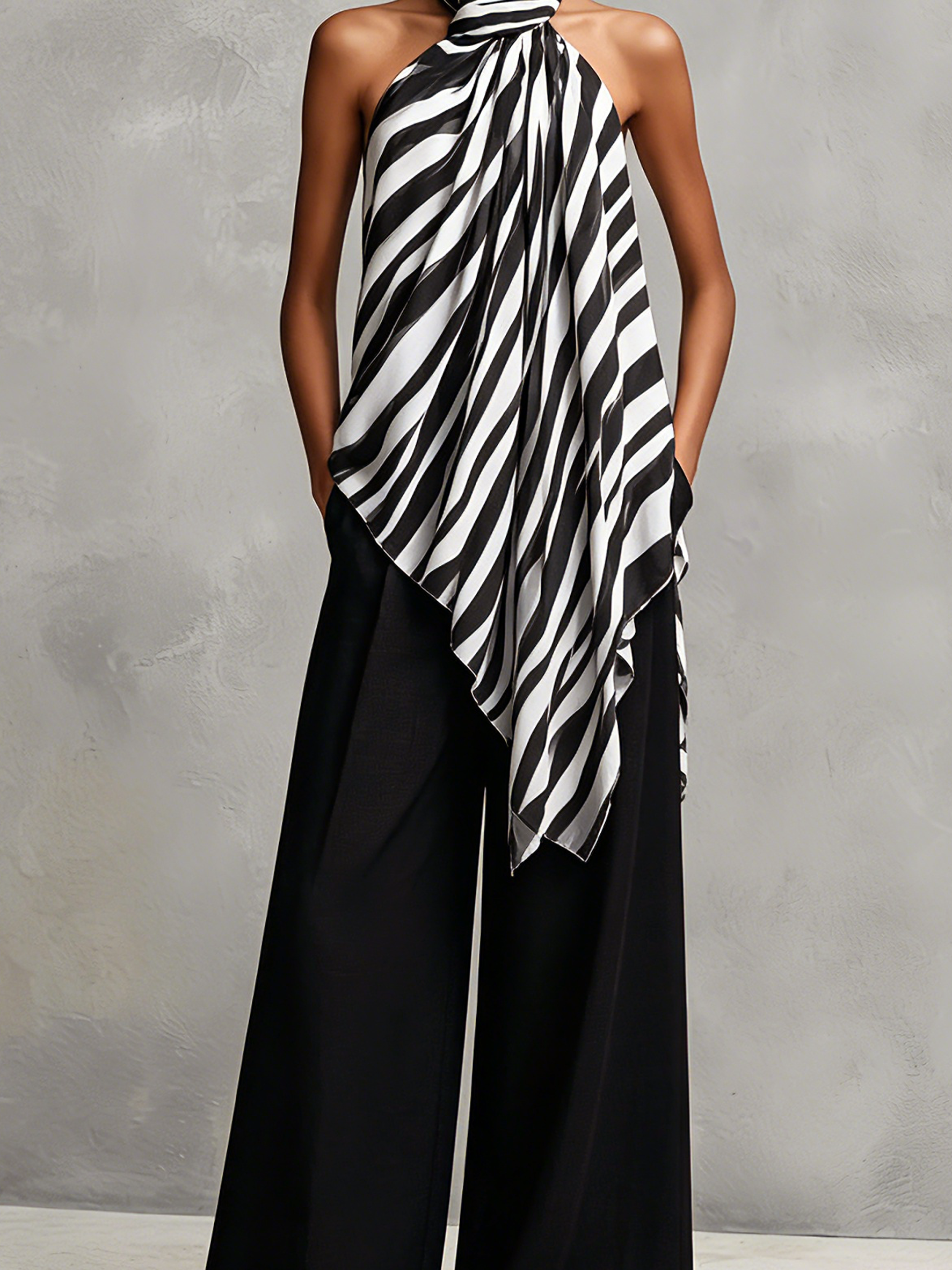 Women's Casual Sleeveless Chiffon Top With Black And White Print, Paired With Woven Trousers