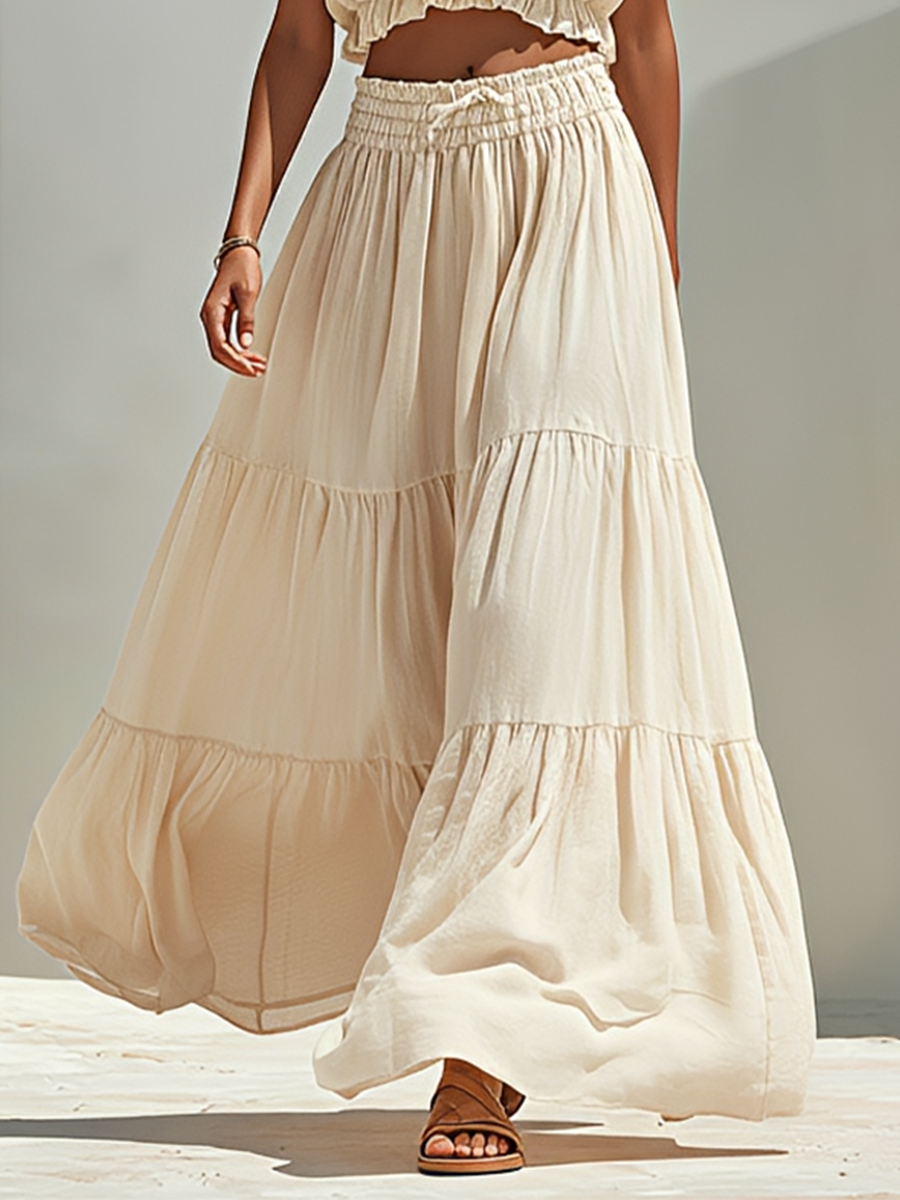 Women's Beige Linen-Blend Two-Piece Set With Square Neck Crop Tank Top & Tiered Maxi Skirt, Casual Summer Resort Outfit