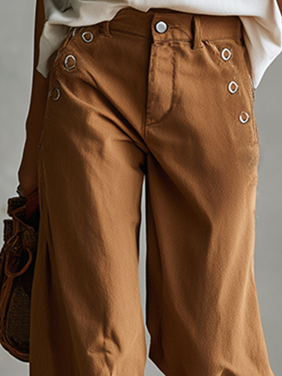 Versatile Retro Style With Metal Eyelets Caramel-colored Wide-leg Trousers