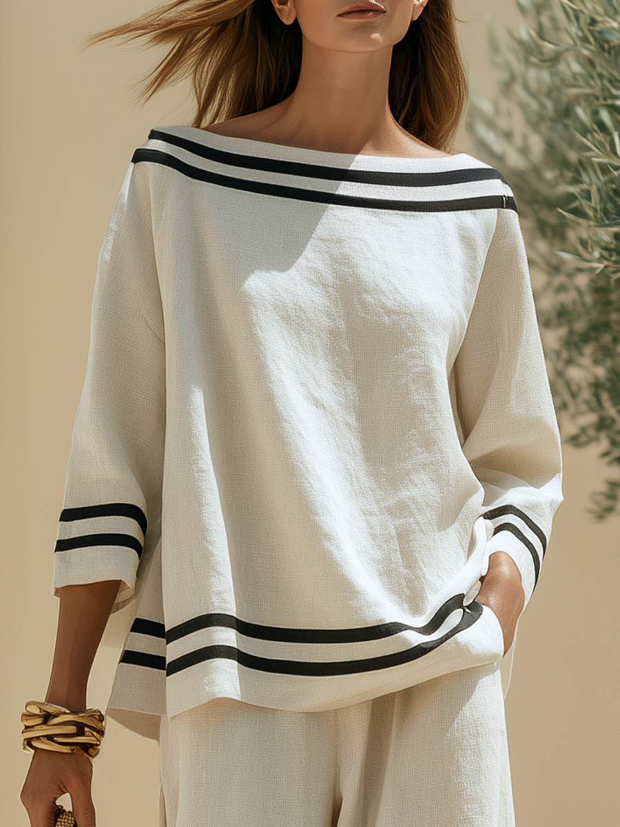 Old Money Black Webbing-Trim Boat Neck Top And Wide-Leg Pants Cotton-Linen Set