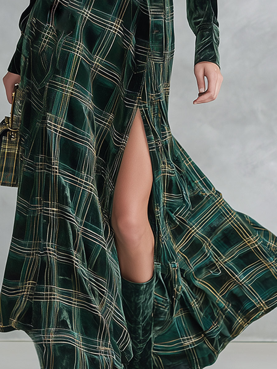 Green Velvet Shirt And Plaid High Slit Maxi Dress Set With Belt