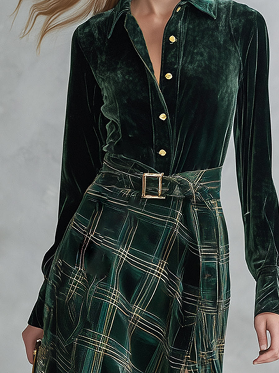 Green Velvet Shirt And Plaid High Slit Maxi Dress Set With Belt