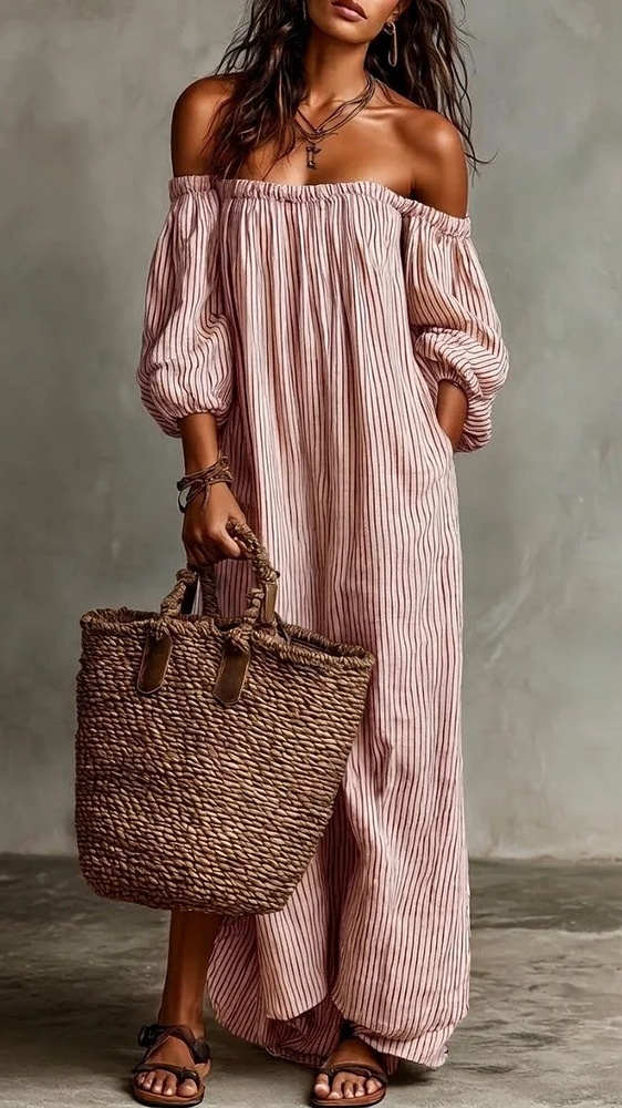 Women's Striped Off-Shoulder Cotton-Linen Vacation-Style Dress