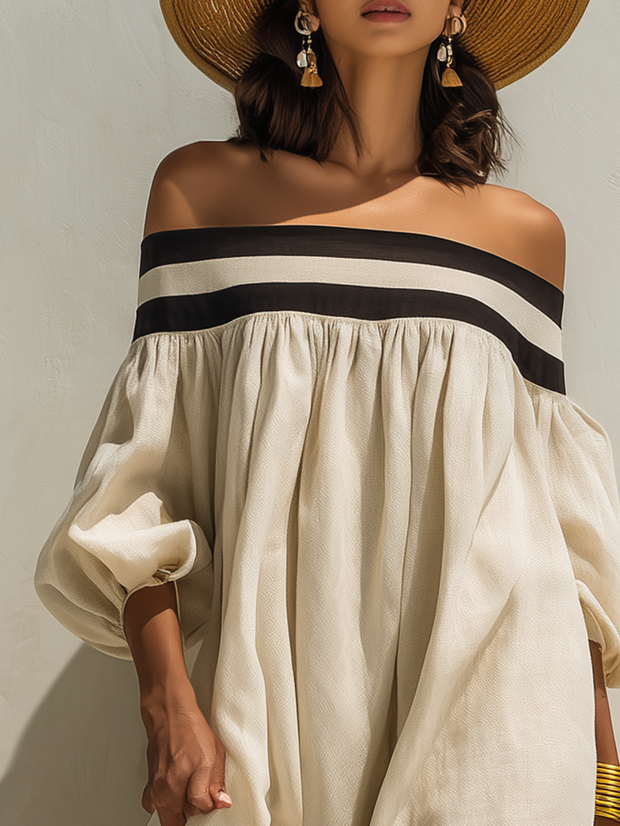 Loose-fitting Color-blocked Off-the-shoulder Beige Cotton-linen Maxi Dress