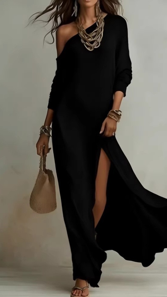 Women's Elegant Long-Sleeve Knitted Dress with Pleats and Slit