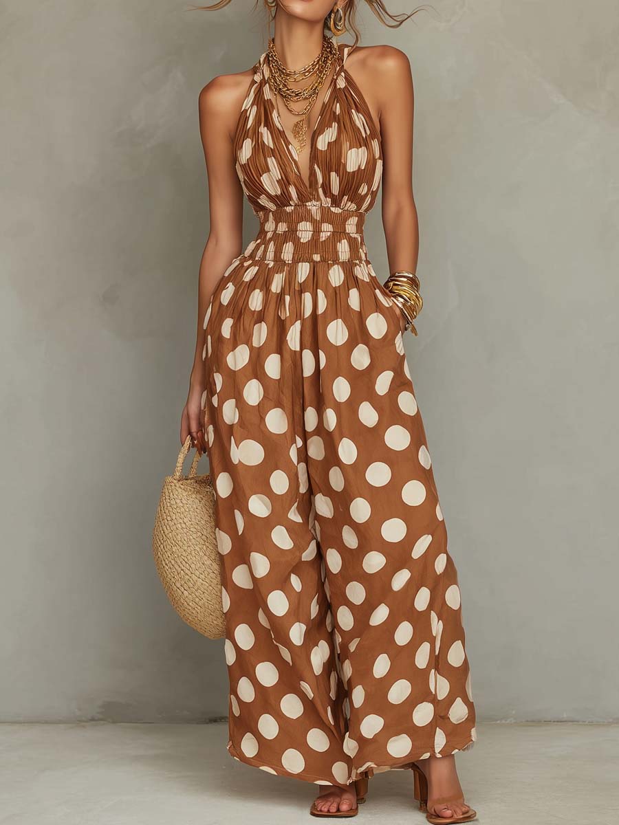 Bohemian Shirred-Waist Polka-Dot Jumpsuit