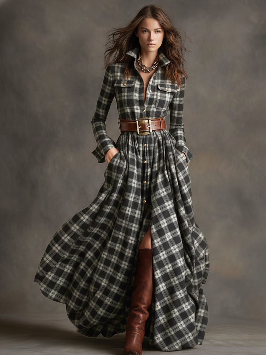 Retro Ethnic Style Lapel Reddish Brown Plaid Maxi Dress