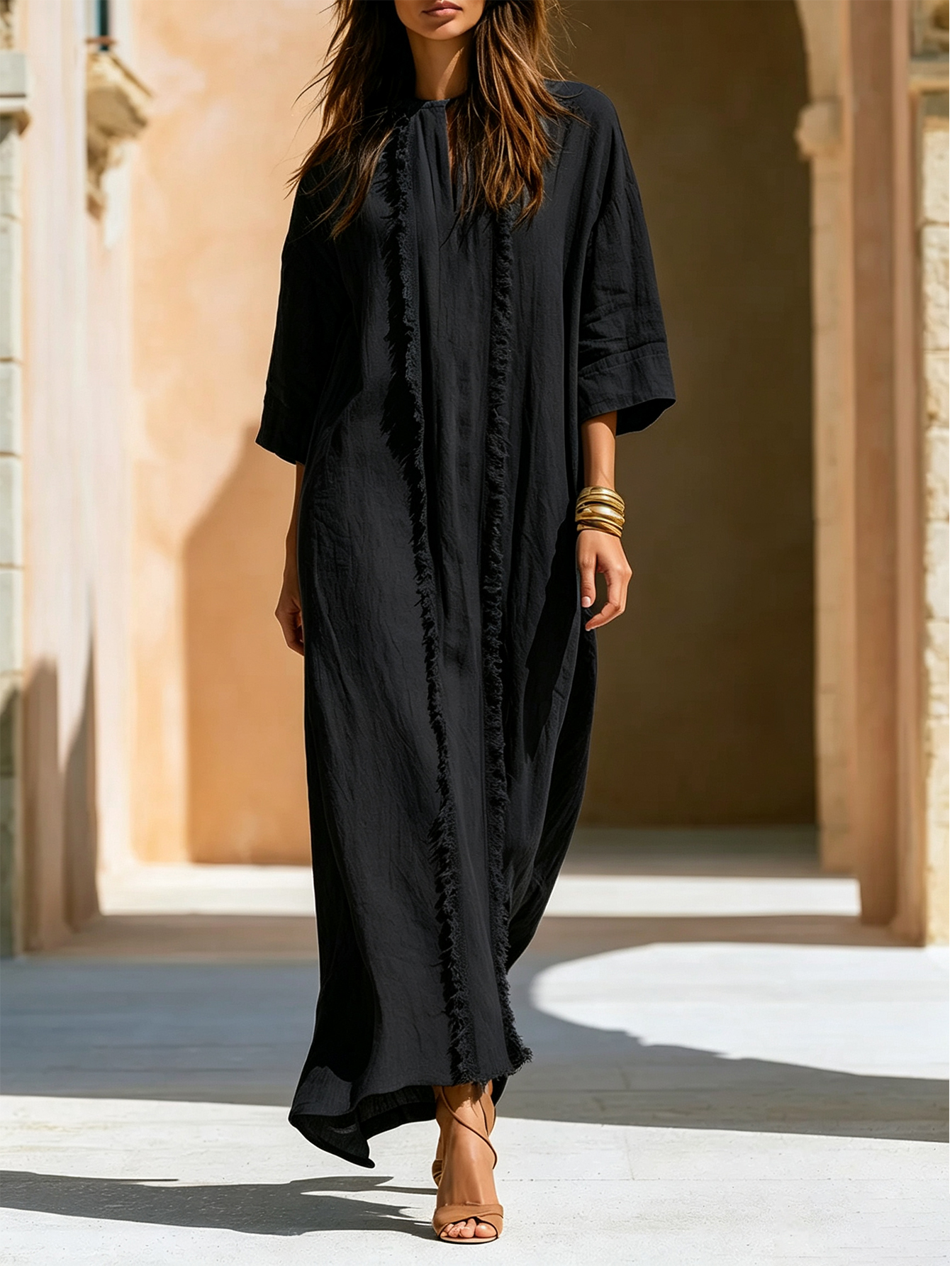 Linen Blend Maxi Dress Women’s Loose Fit Frayed Detail Casual Vacation Long Dress