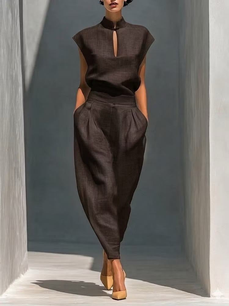 Linen Blend Mandarin Collar Two-Piece Set – Sleeveless Top & High-Waist Tapered Pants