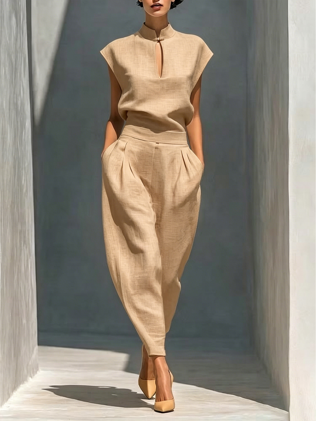 Linen Blend Mandarin Collar Two-Piece Set – Sleeveless Top & High-Waist Tapered Pants