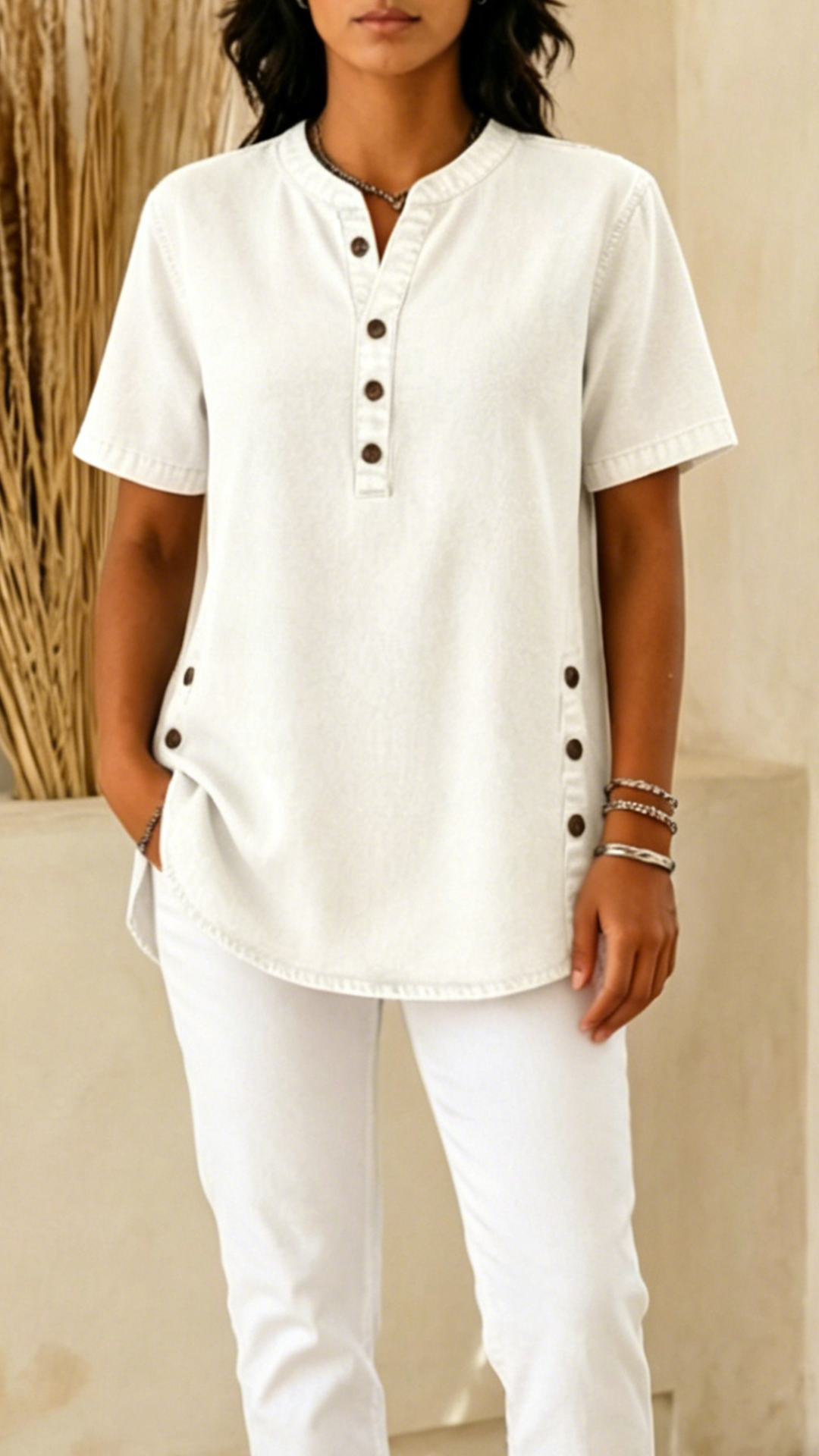 Women's Denim-Effect Cotton-Blend Henley Shirt