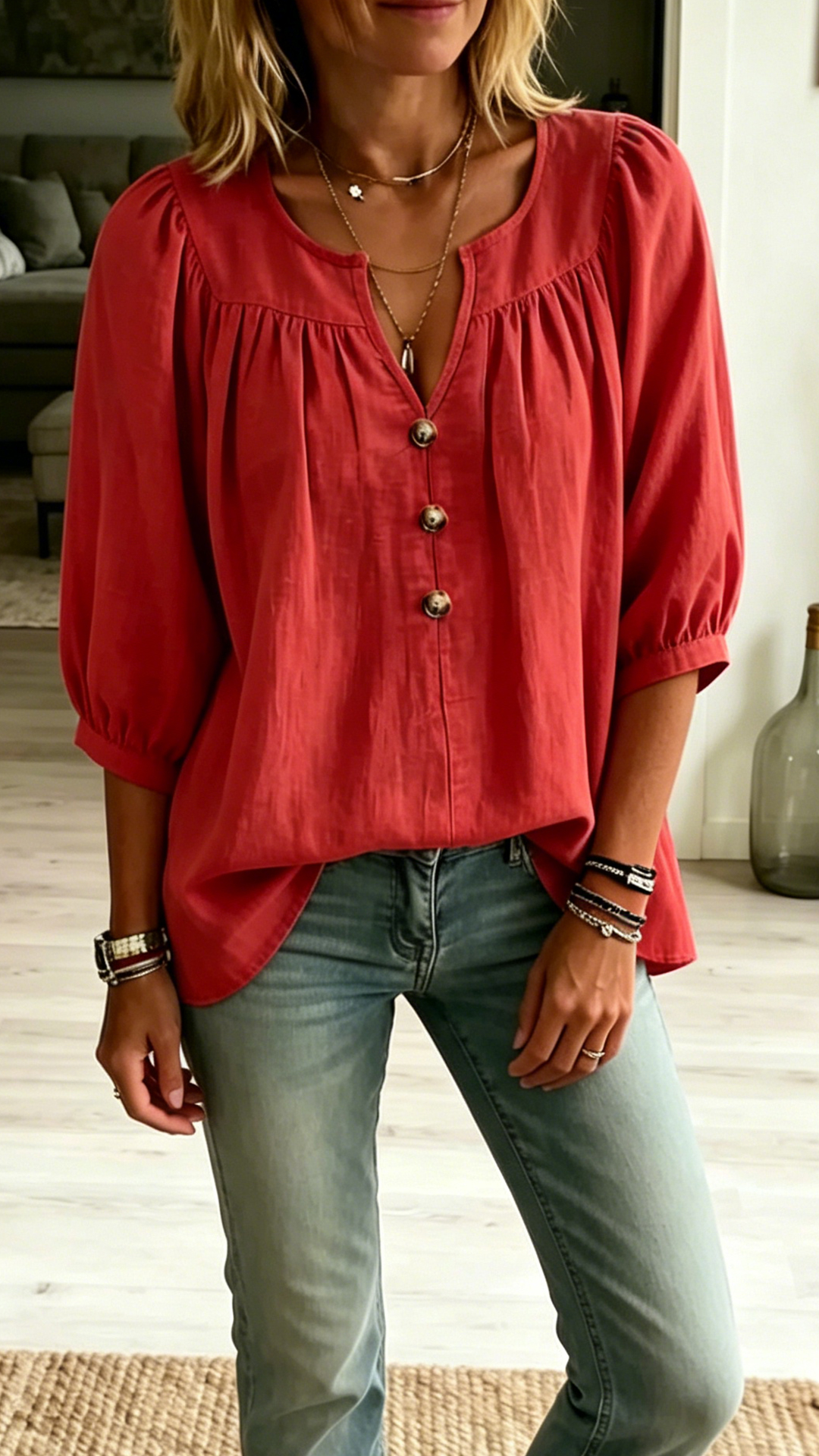 Women's Cotton-Linen 3/4-Sleeve Button-Front Casual Loose T-Shirt