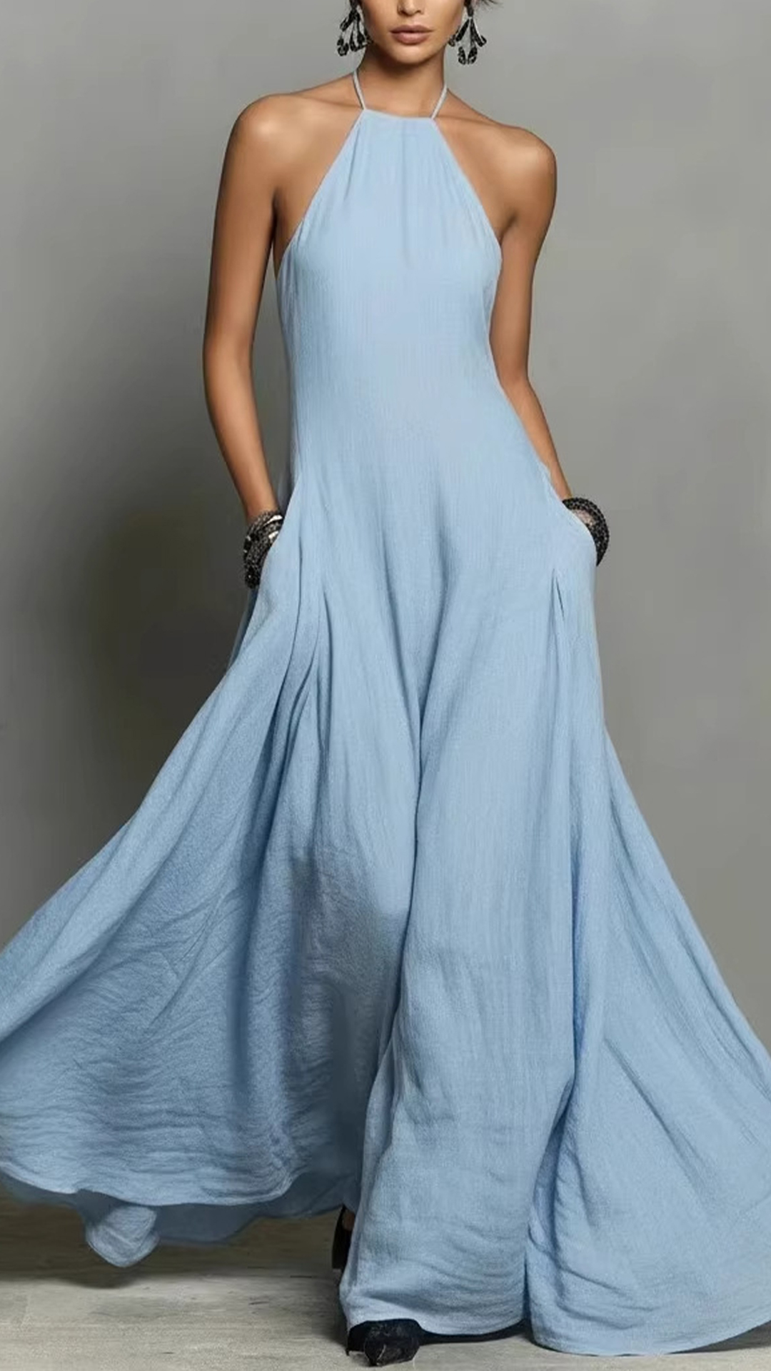 Women's Cotton-Blend Halter Neck Maxi Dress