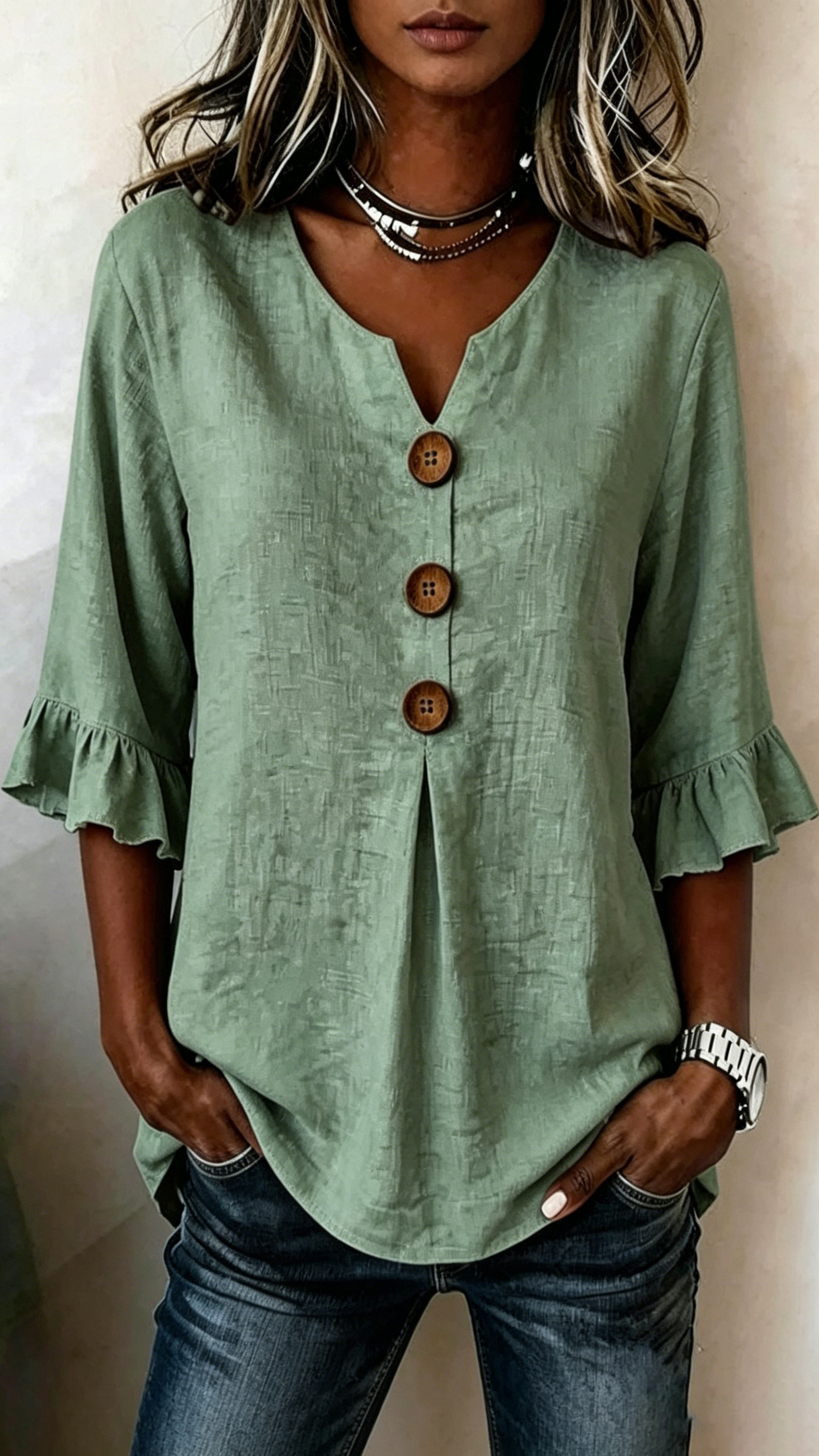 Women's V-Neck Cotton-Linen Button-Up Top