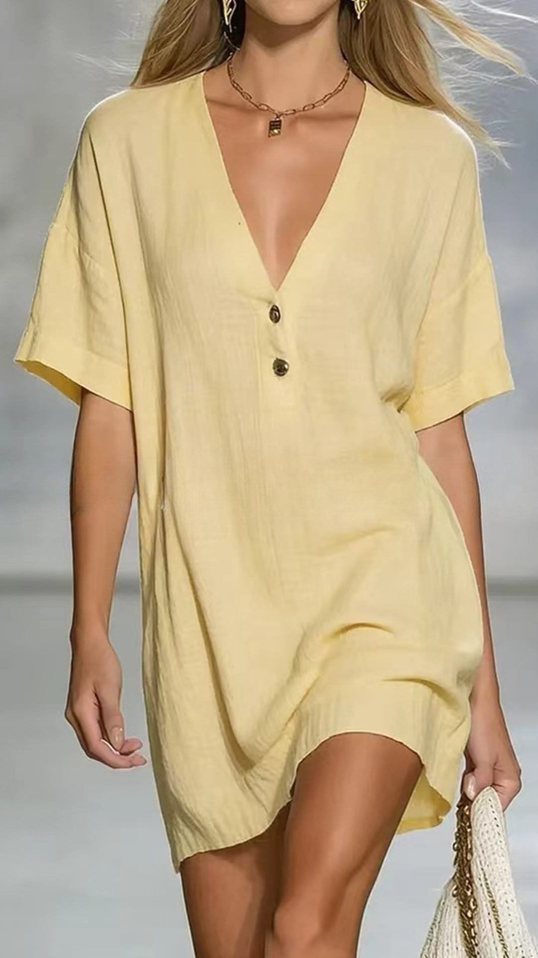 Women's Linen-Cotton V-Neck Loose Shift Dress