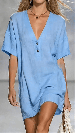 Women's Linen-Cotton V-Neck Loose Shift Dress