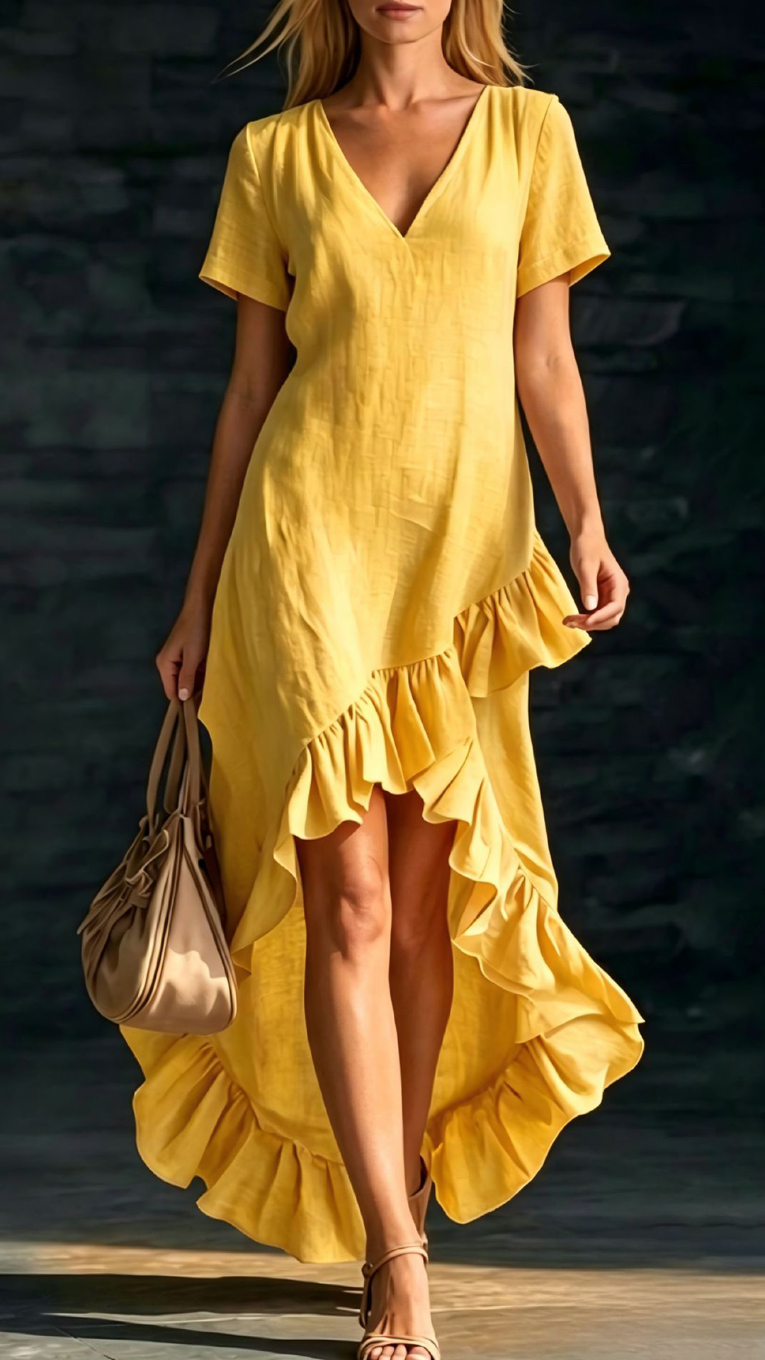Women's Cotton-Blend Ruffled V-Neck Dress