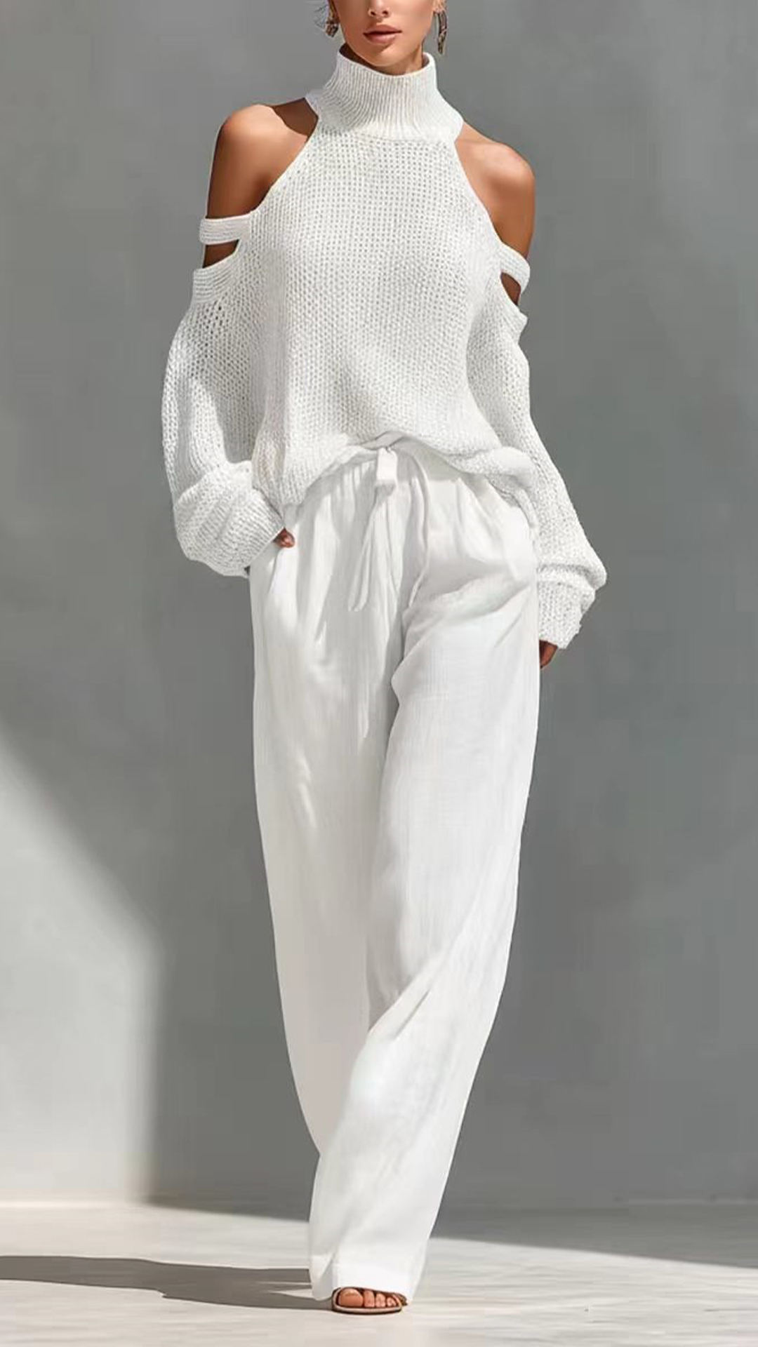 Women's Cotton-Blend Off-White Cold-Shoulder Knit Loose Set