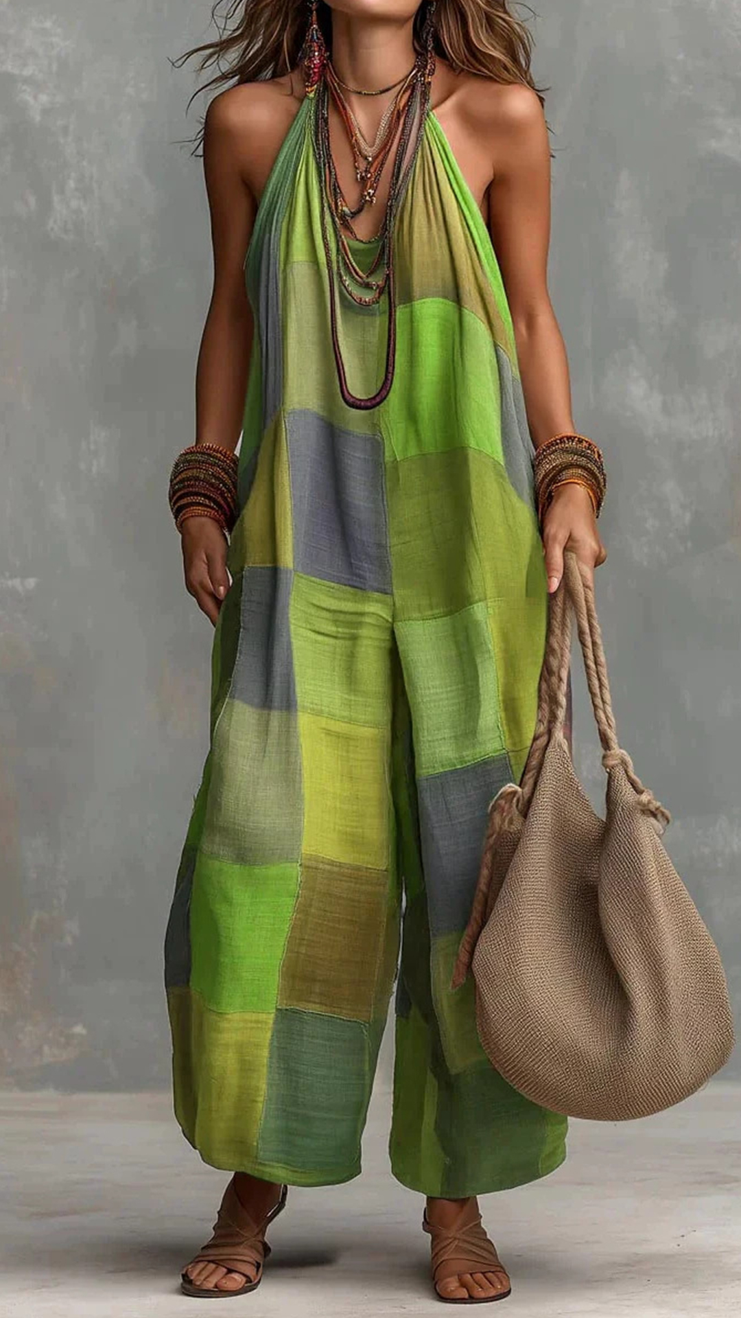 Women's Cotton-Blend Patchwork Halter Wide-Leg Jumpsuit