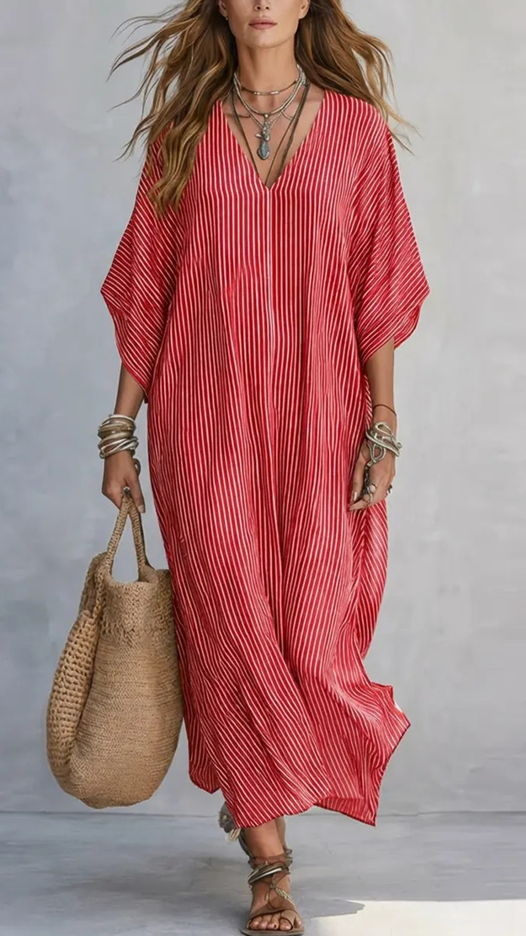 Women's Cotton-Blend Blue & White Striped V-Neck Loose Dress