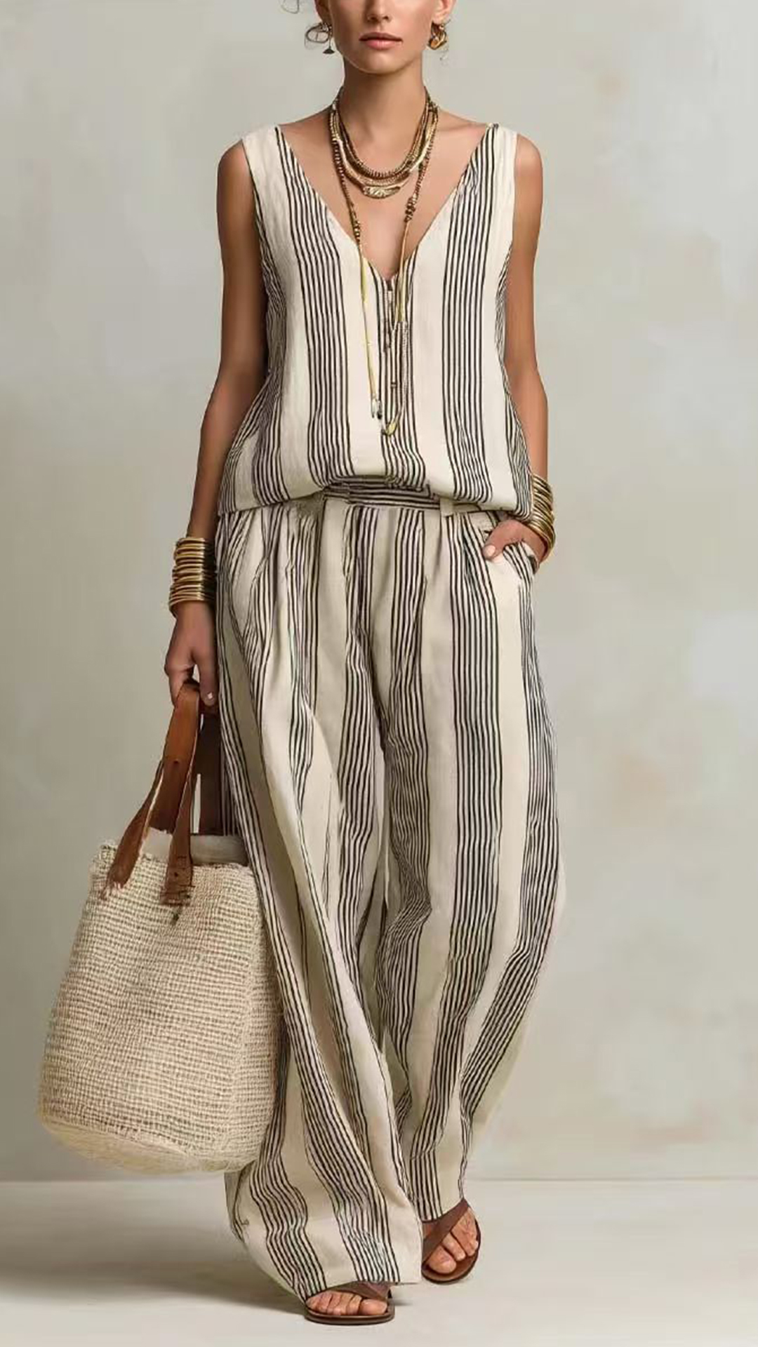 Women's Cotton-Blend Blue and White Vertical Striped Loose Sleeveless Set