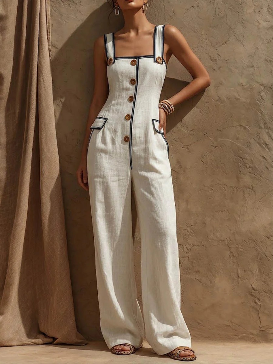 Contrast Trim Square Neck Button Front Wide-Leg Jumpsuit