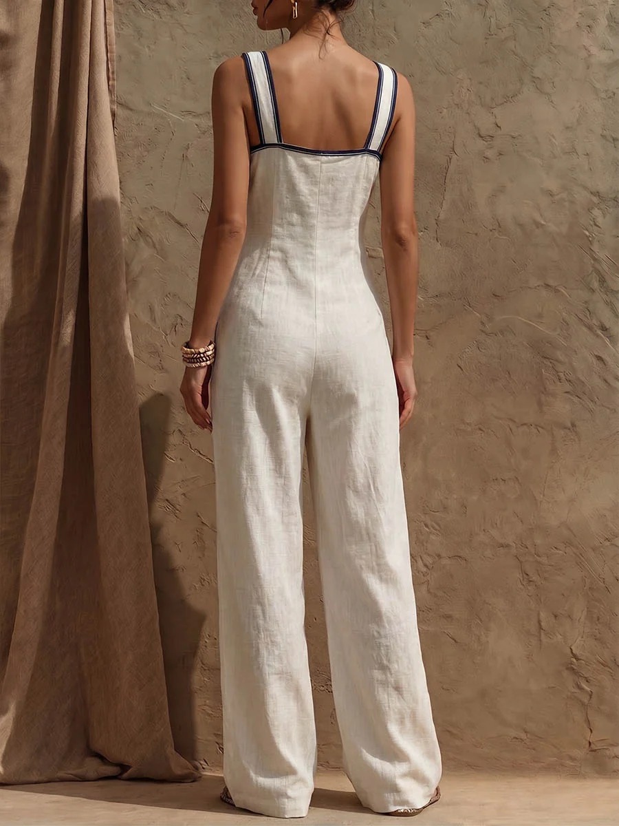 Contrast Trim Square Neck Button Front Wide-Leg Jumpsuit