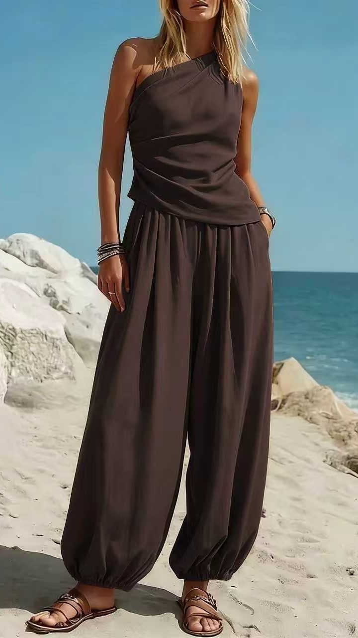 Women's Sleeveless Vest and Loose High-Waisted Trousers Two-Piece Set