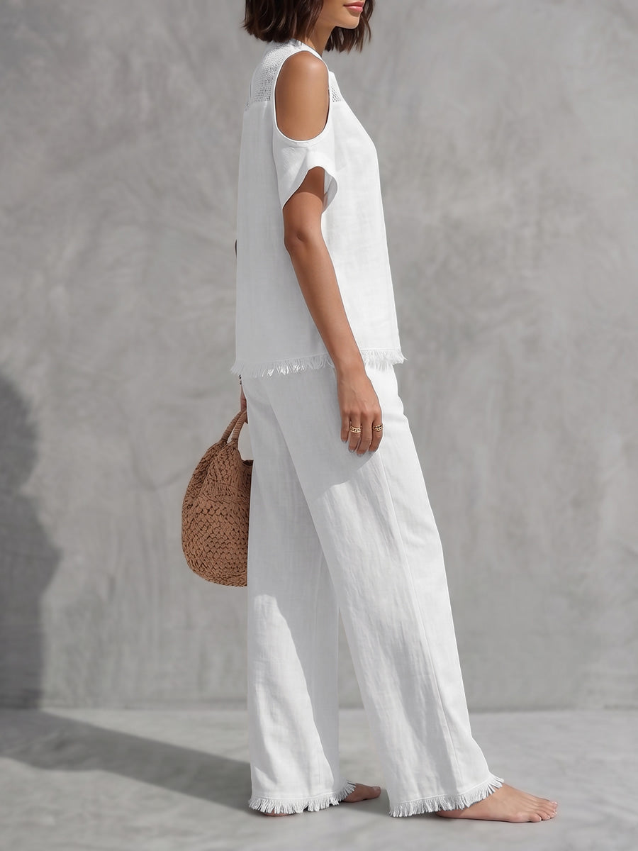 Fringed Cold Shoulder Half-Zip Solid Color Short Sleeve Blouses&Shirts Tops +  Pants Bottoms Trousers Two Pieces Set