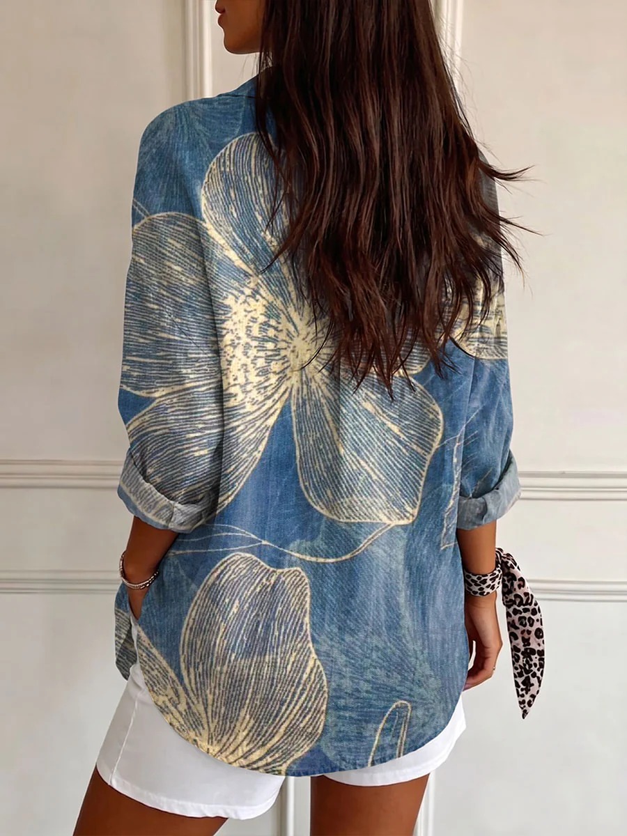 Women's Vintage Floral Print Loose Washed Denim Style Long Sleeve Button Shirt