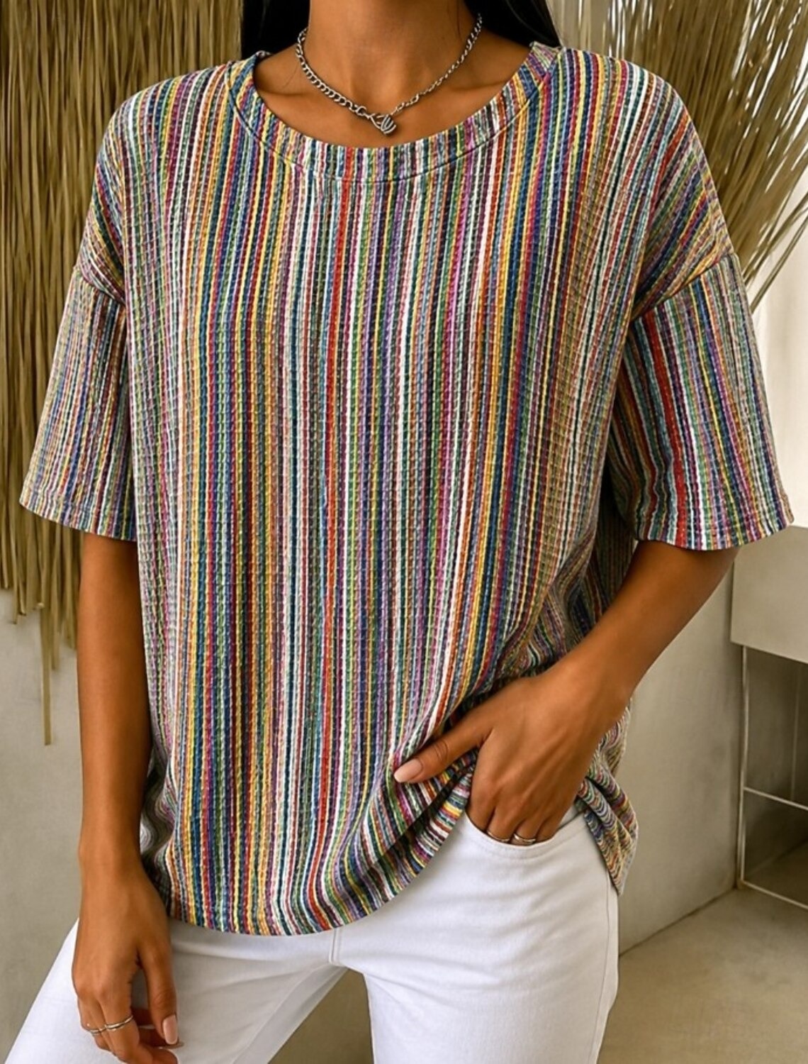 Women's Multicolor Vertical Stripe Crew Neck Short Sleeve T-Shirt