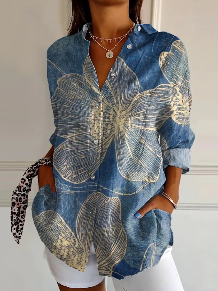 Women's Vintage Floral Print Loose Washed Denim Style Long Sleeve Button Shirt