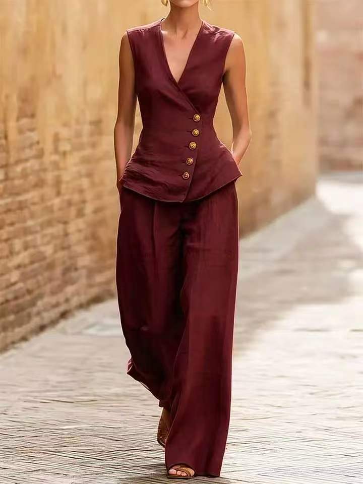 Sleeveless V-Neck Wide Leg Pants Set – Button Front Waist-Cinching Two-Piece Outfit