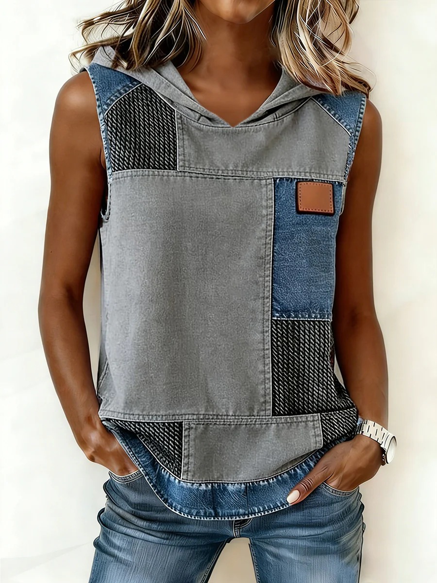 Women's Color Block Denim Patchwork Hooded Sleeveless Top Casual Loose Fit Tank