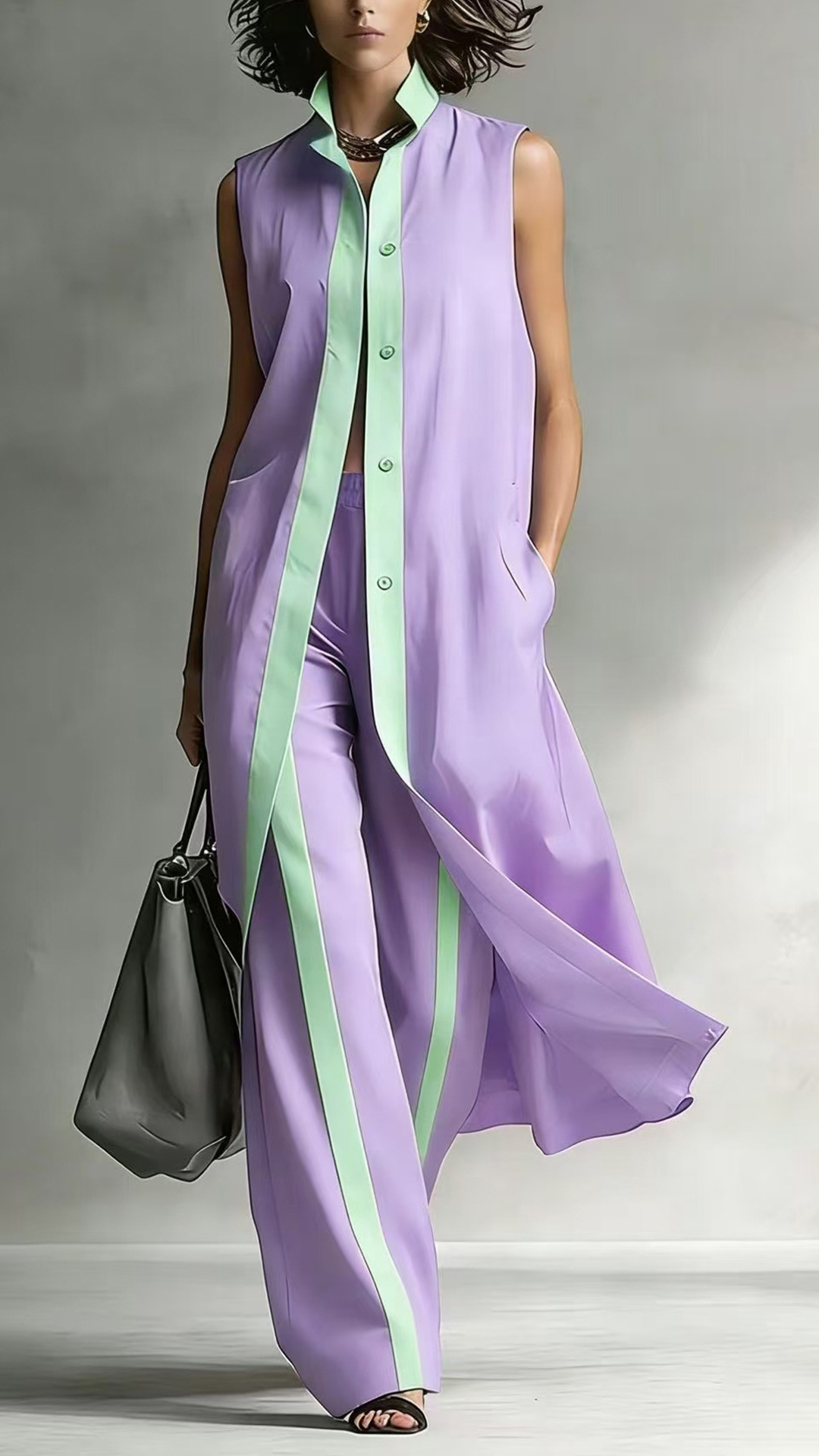 Women's Color-Blocked Sleeveless Long Shirt & Wide-Leg Pants Set