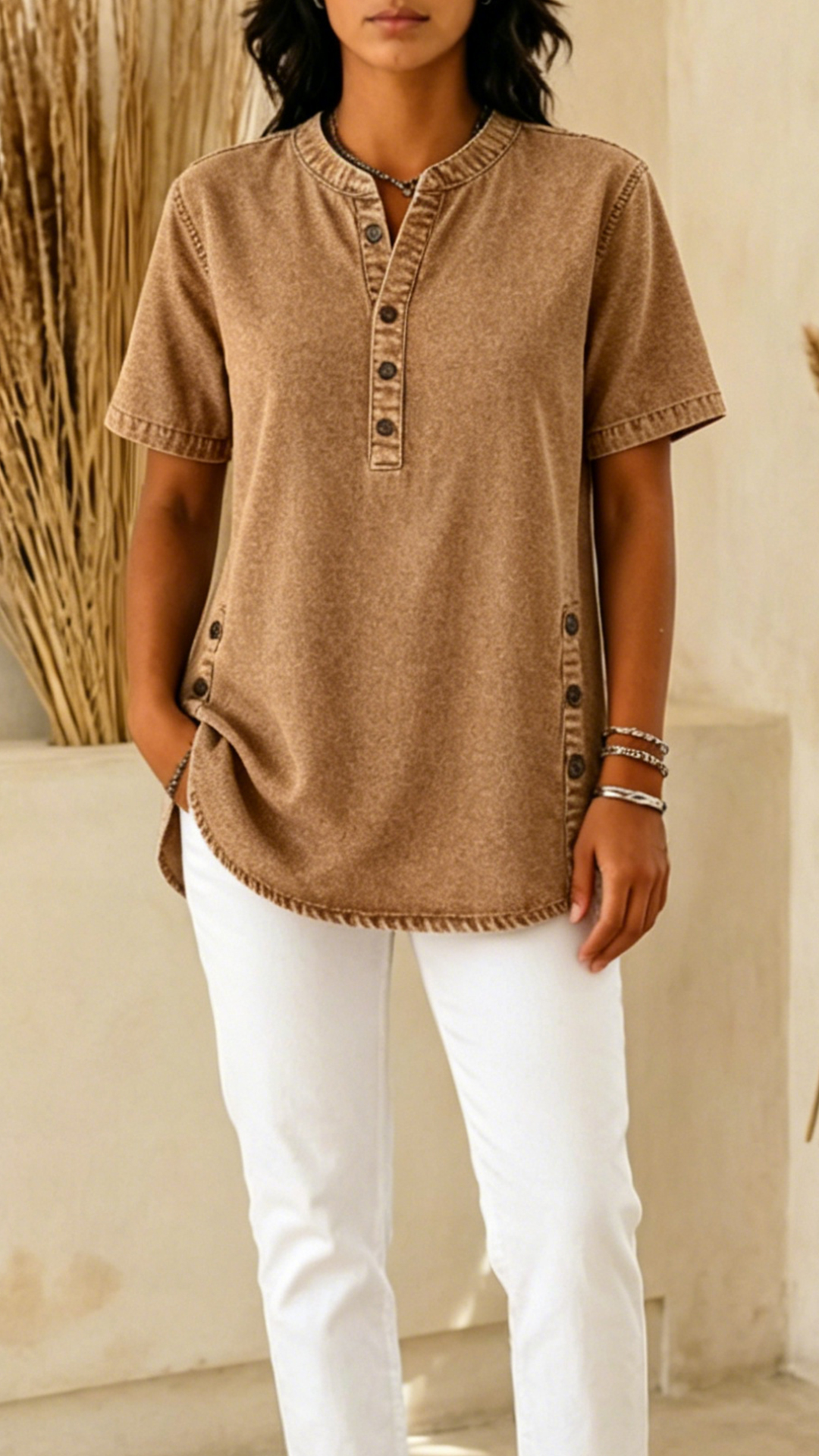 Women's Denim-Effect Cotton-Blend Henley Shirt