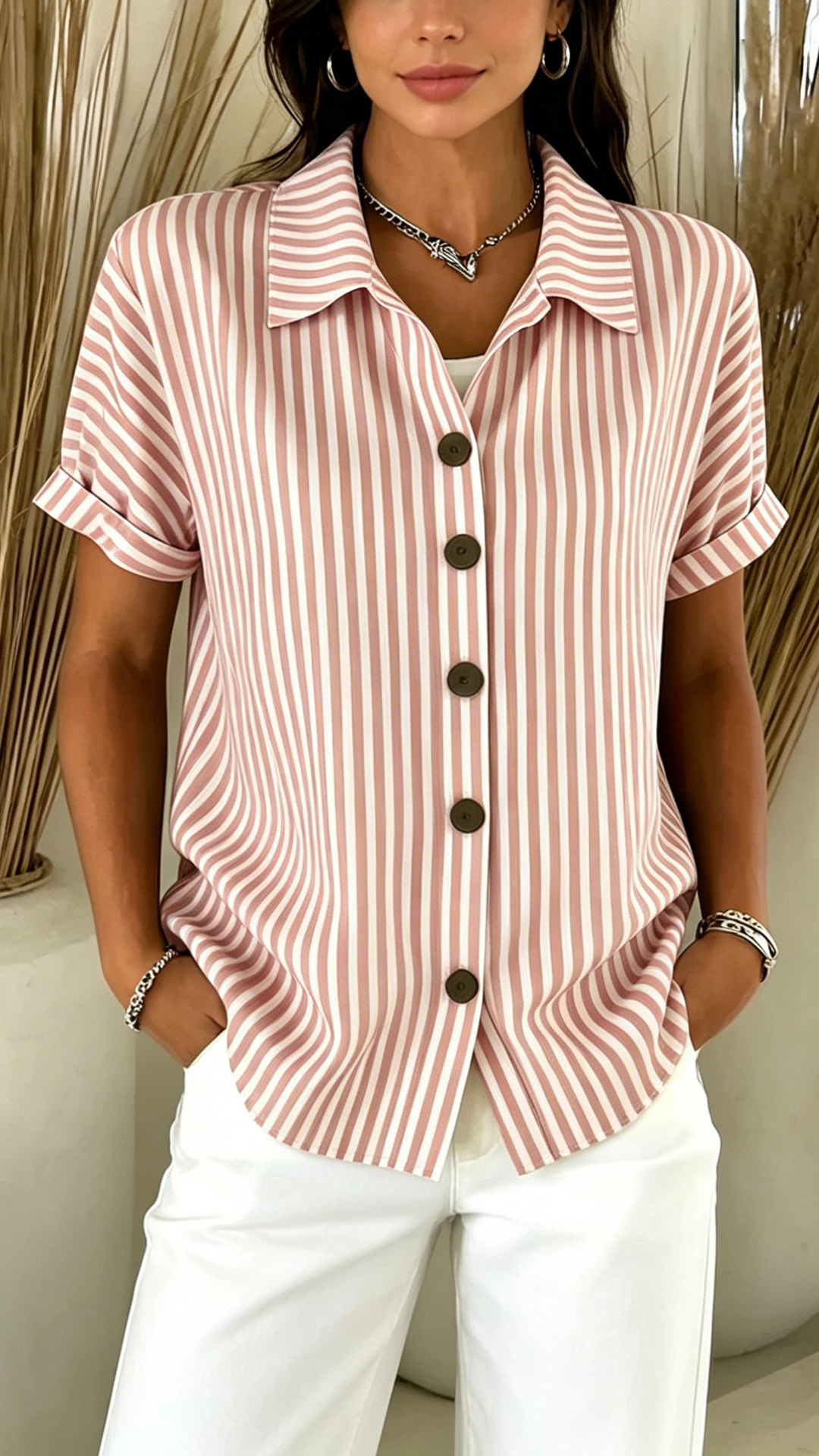 Women's Red & White Striped Cotton-Blend Shirt