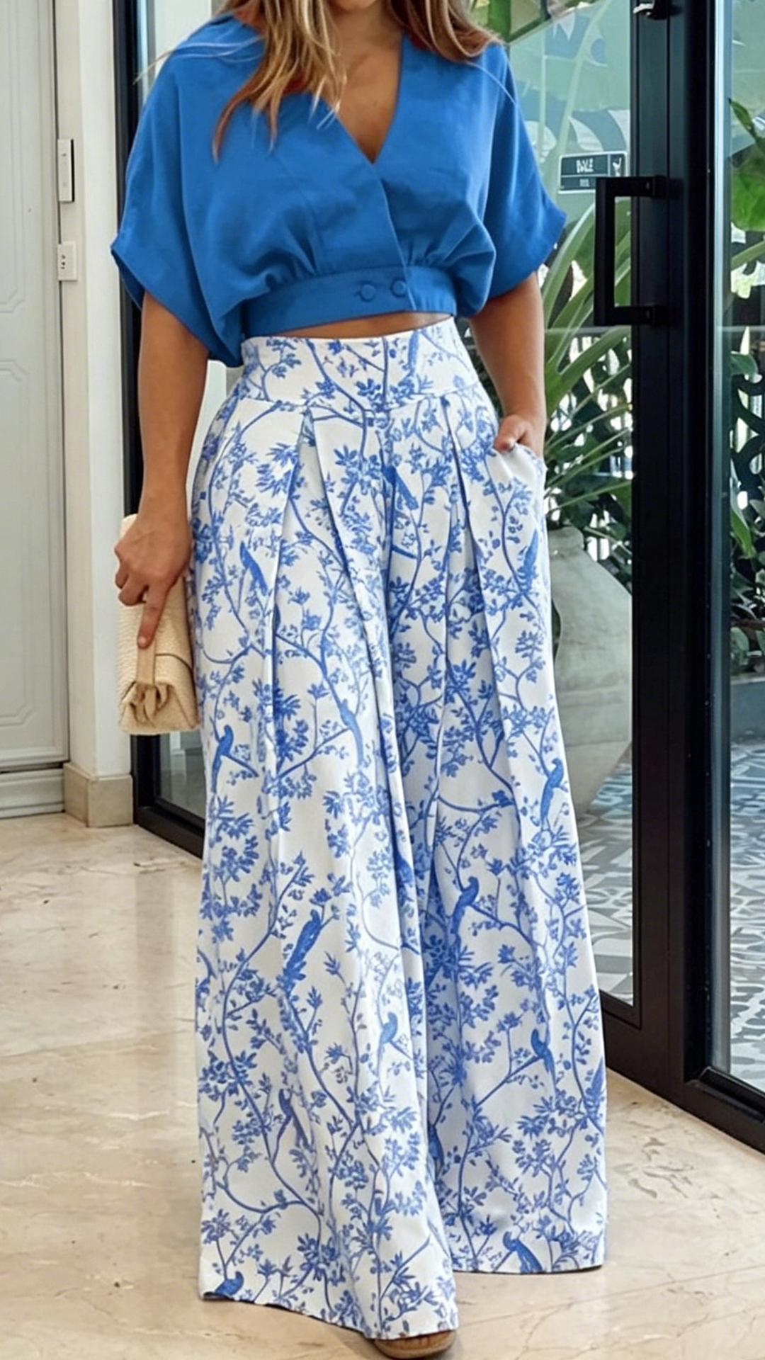 Women's Wrap-Waist Cotton-Blend Two-Piece Set