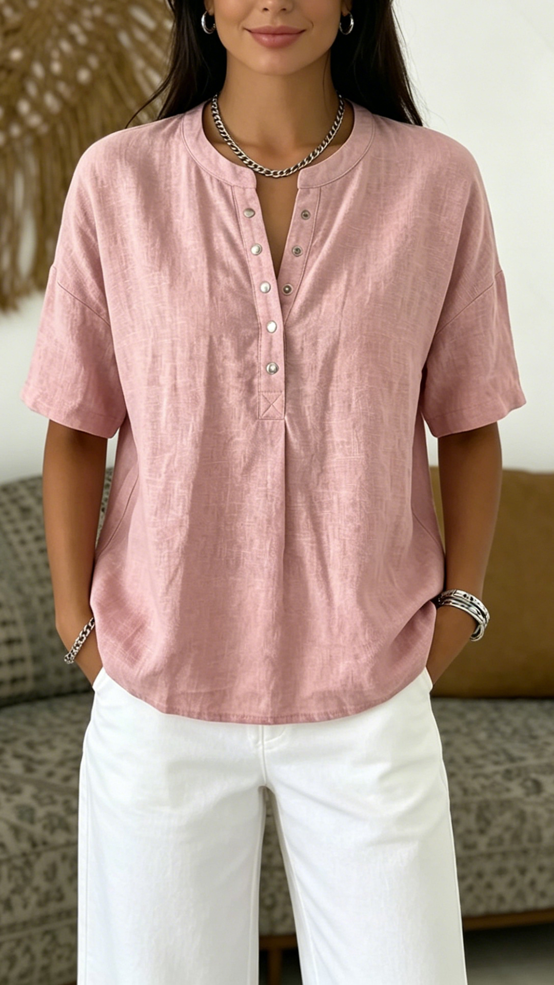 Women's  Henley Neck Cotton-Blend Short-Sleeve Top