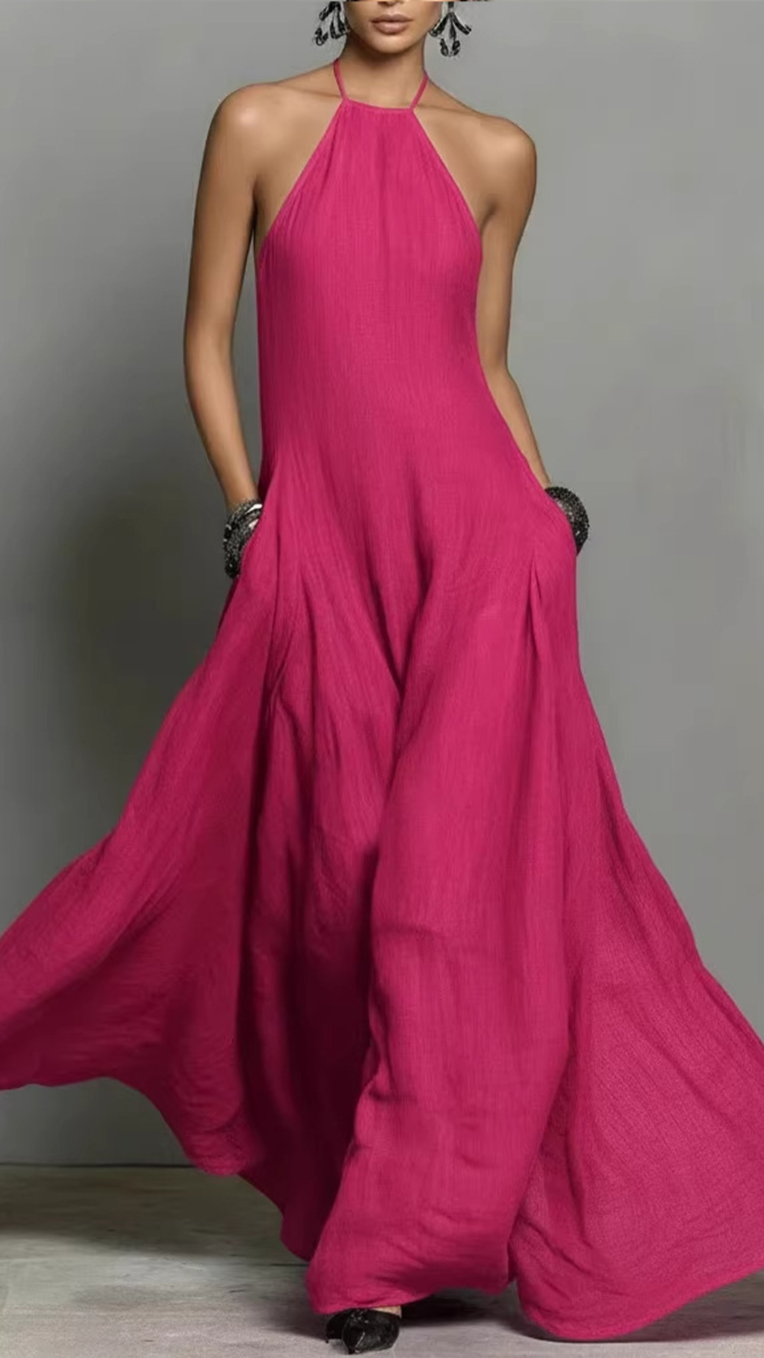 Women's Cotton-Blend Halter Neck Maxi Dress